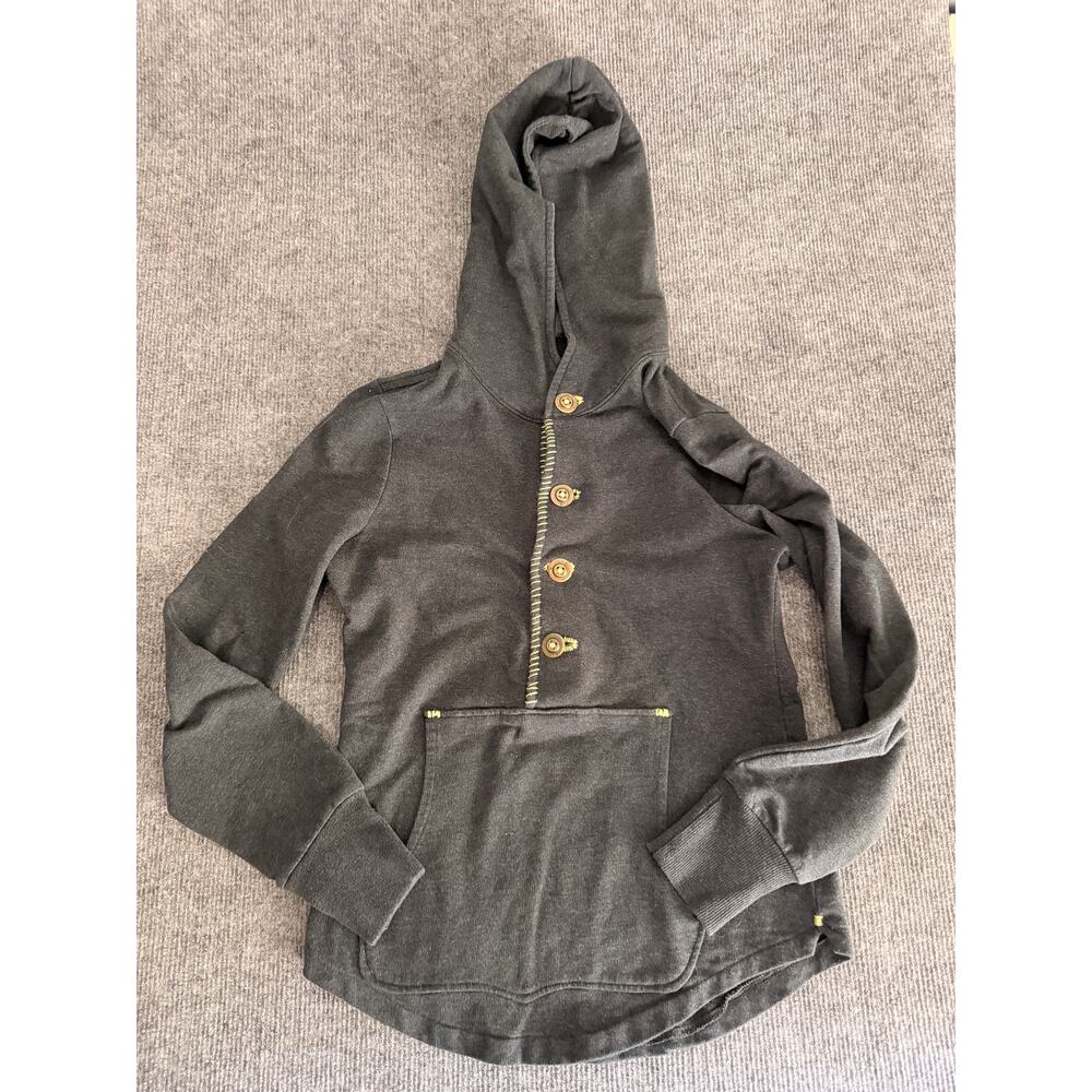 Free People Hooded Button Pullover Sweatshirt Charcoal Gray Boho Cozy Size M